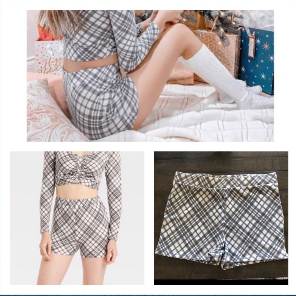 NWOT Colsie Lounge Sleep Short Super Soft Plaid Fitted Size L Gray White Comfy
